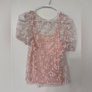 White and pink flowers blouse. Mesh/sheer material